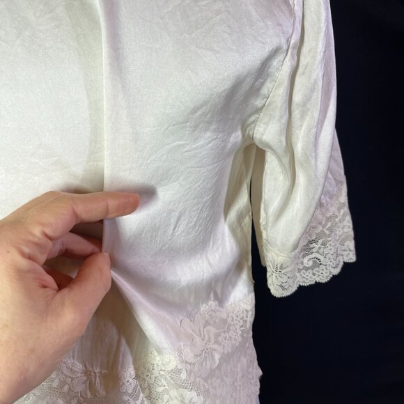 Vintage Express XS Open-Front Silk Jacket Lace Trim Elbow Sleeves White - Picture 7 of 12
